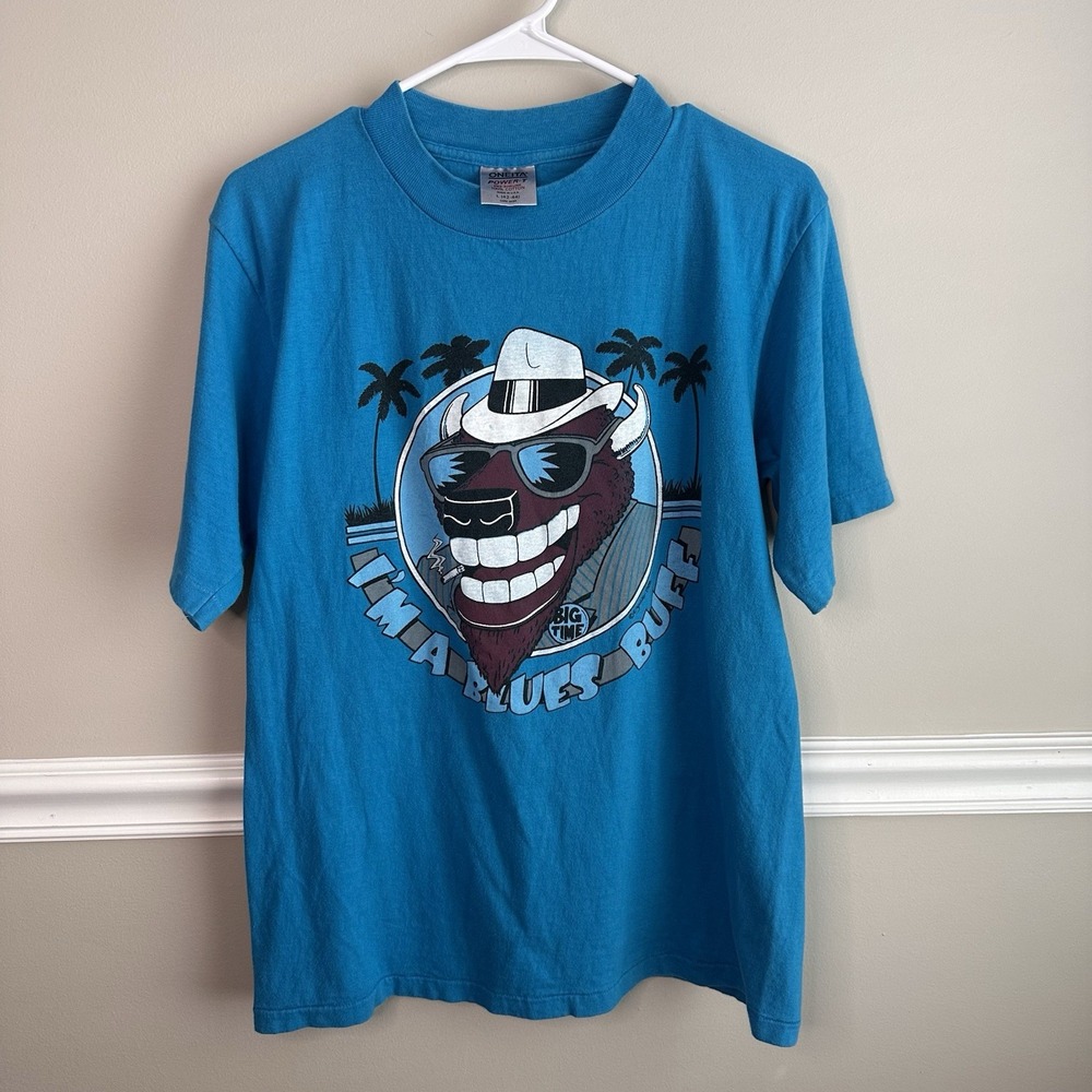 Vtg 80s Single Stitch T Shirt Sz L Cartoon Buffalo I'm A Blues Buff USA Hipster